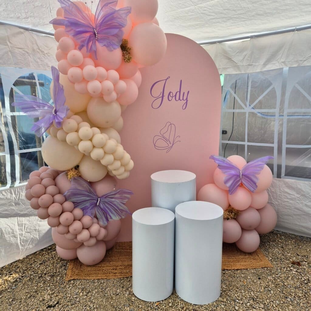 Accueil 17 Décoration de fête avec ballons pastel, papillons en papier et panneau personnalisé "Jody".