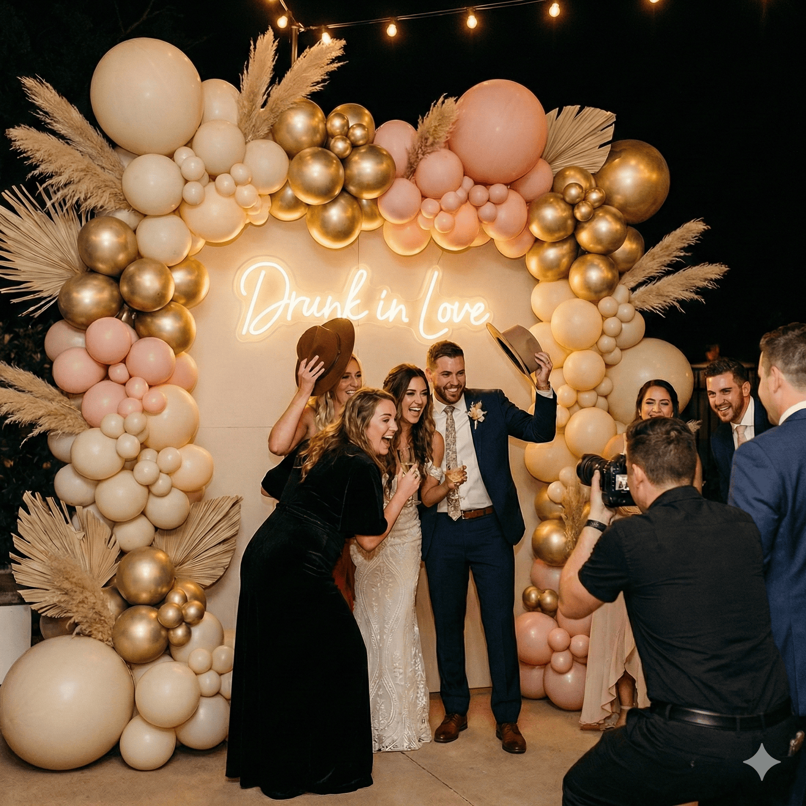 Photo d'un couple lors d'une célébration de mariage avec décoration de ballons élégants au Kirchberg à Luxembourg
