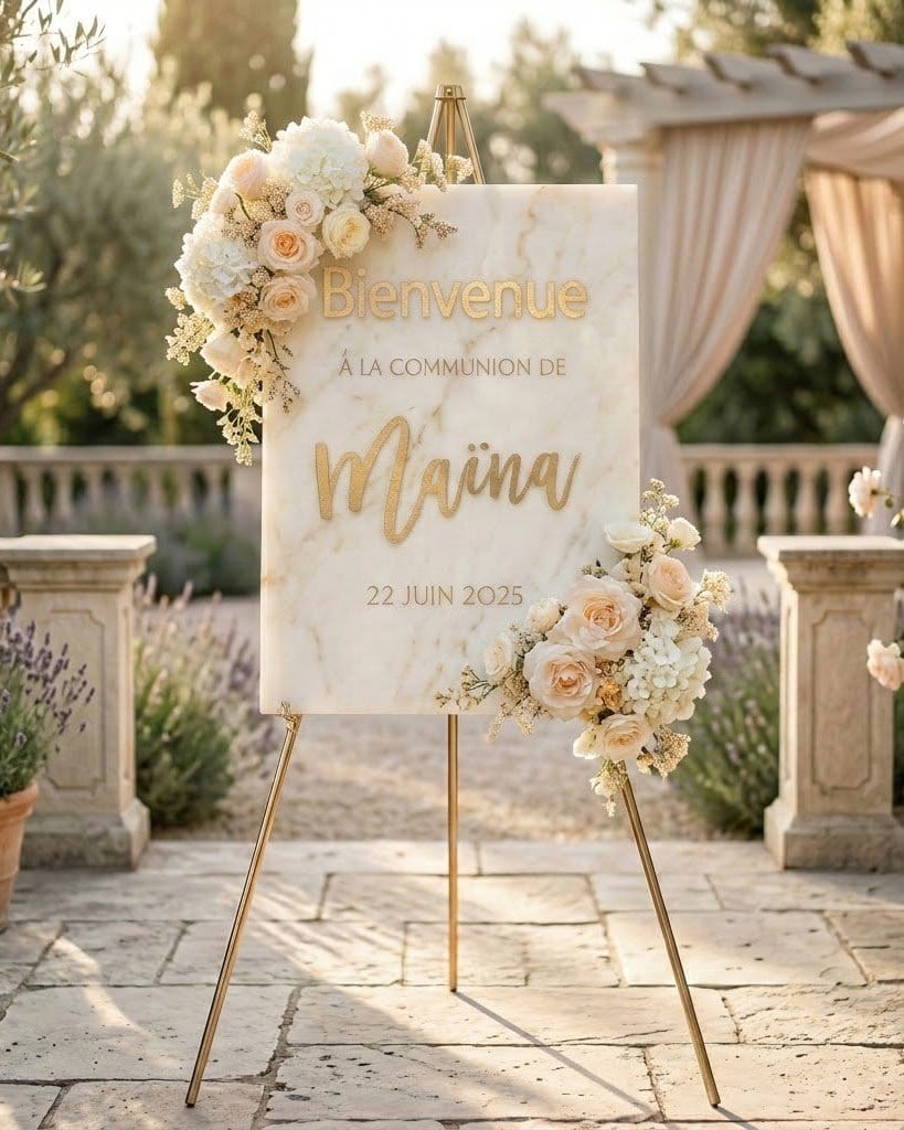 Panneau de bienvenue personnalisé avec fleurs pour mariage à la communion de Maïna dans un château au Luxembourg