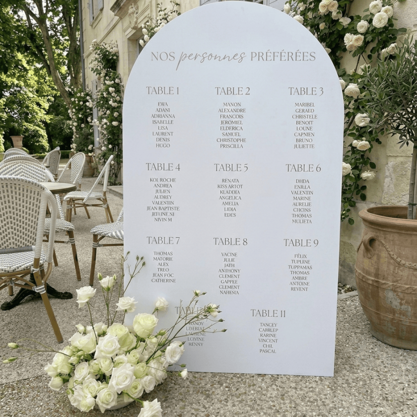 Panneau de bienvenue avec liste de noms pour un mariage élégant et personnalisé à Luxembourg
