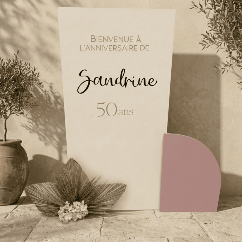 Panneau de bienvenue personnalisé pour anniversaire Sandrine 50 ans à Pétange au Luxembourg